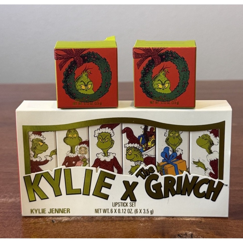 Lot Of Kylie x The Grinch 6 Lipstick Set And 2 Eye Shimmer Shadows New/Unused